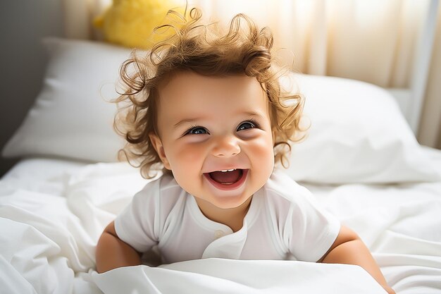 Photo cute baby laughing in bed in the morning