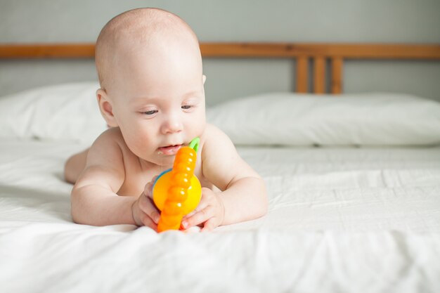 A cute baby lies on a white sheet and plays cheerfully with a bright rattle, examines it, holds it.