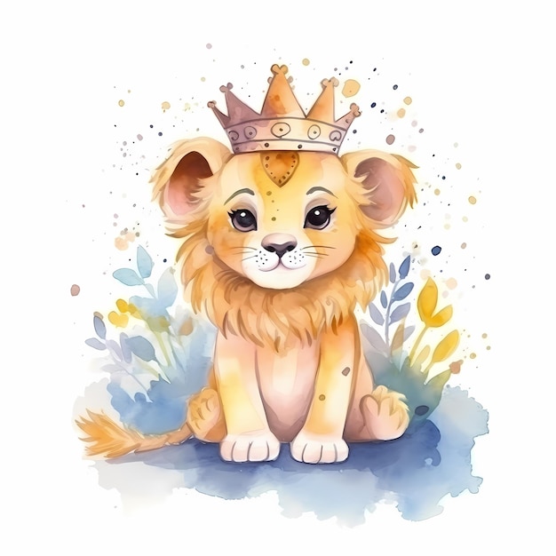 Foto carino bambino leone personaggio animale che indossa corona stile acquerello