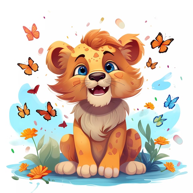 Photo cute baby lion clipart surrounded by butterflies