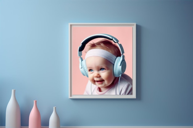 Cute baby listening to music in headphones Portrait of a little girl with headphones