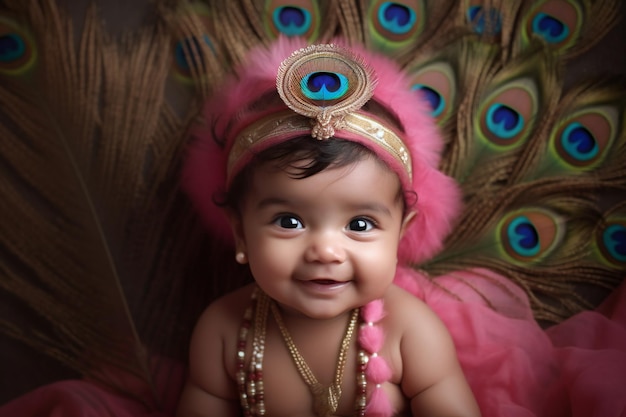 A Cute Baby Look Like Little Krishna with Peacock Feathers