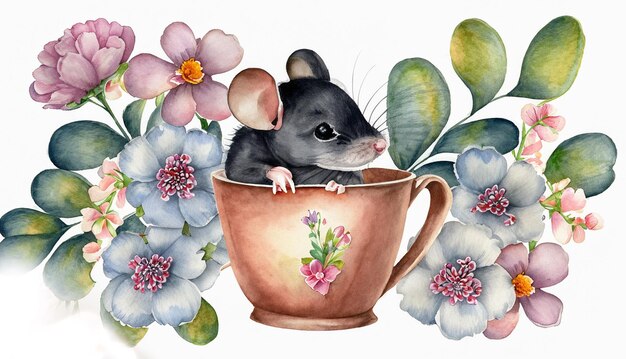 Photo cute baby mouse in cup of flowers painted in watercolor on a white isolated background