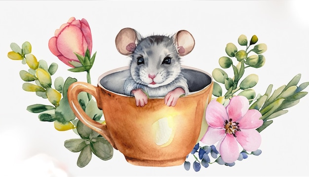 Photo cute baby mouse in cup of flowers painted in watercolor on a white isolated background