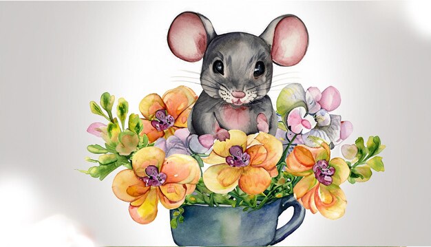 Cute baby mouse in cup of flowers painted in watercolor on a white isolated background