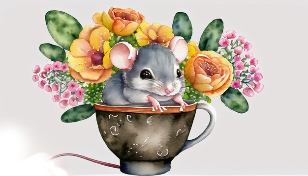 Photo cute baby mouse in cup of flowers painted in watercolor on a white isolated background
