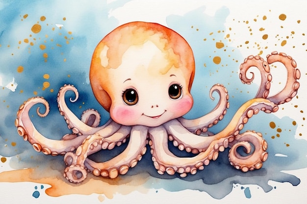 Photo cute baby octopus on watercolor background watercolor illustration