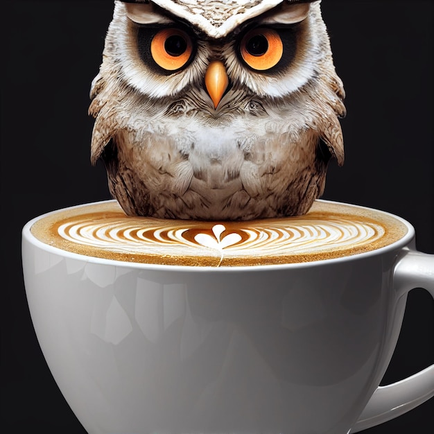 Cute baby owl in cup of coffee 3d rendering cartoon
illustration