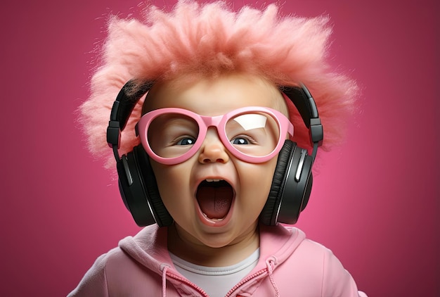 a cute baby in a pair of pink headphones is looking surprised in the style of retro rock