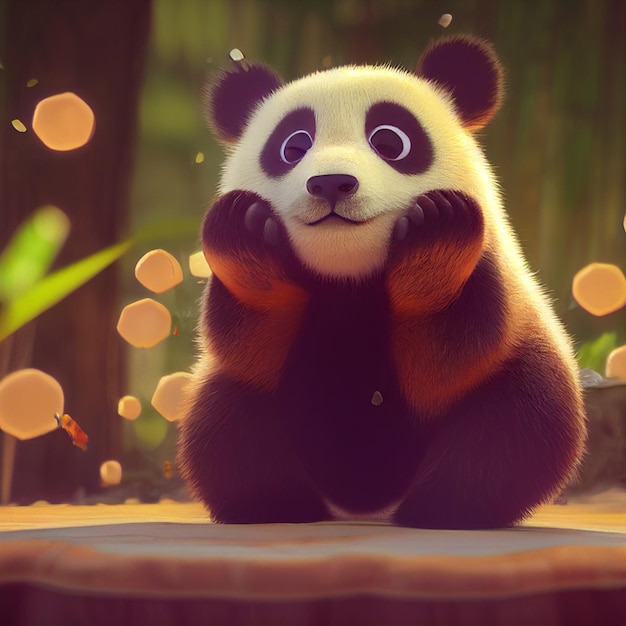 Cute baby panda bear with big eyes 3D rendering cartoon illustration