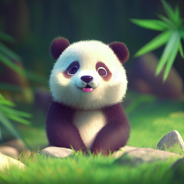 Cute baby panda bear with big eyes 3D rendering cartoon illustration