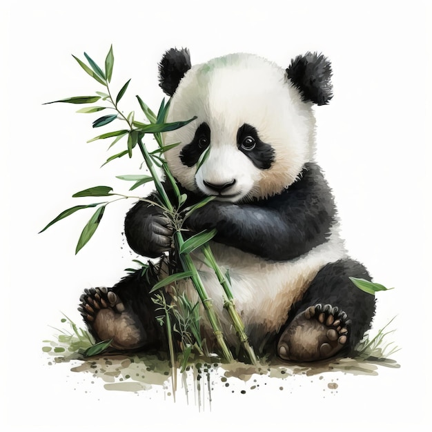 милая панда ест бамбук, акварель, белый фон