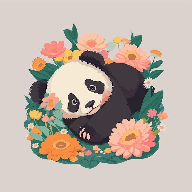 Милая маленькая панда в цветах иллюстрация генеративная ai