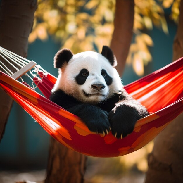 Photo cute baby panda is lounging on a hammock wearing sunglass