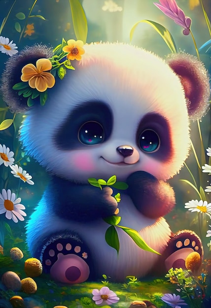 Cute baby panda sit in the garden