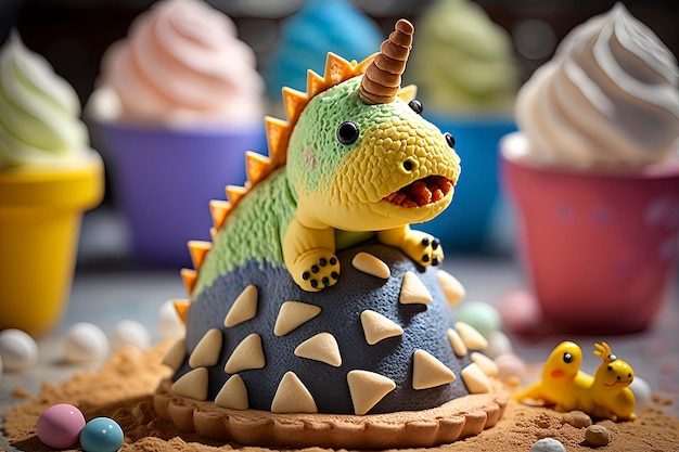 cute baby pastry dinosaur decorating cake, creative ai