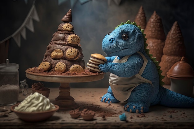 cute baby pastry dinosaur decorating cake, creative ai