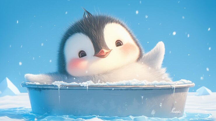 Photo cute baby penguin enjoying a bath in the snow adorable cartoon penguin illustration
