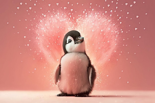Милый пингвинёнок в любви в сердцах фейерверков на розовом фонеРеалистичный сгенерированный ИИ