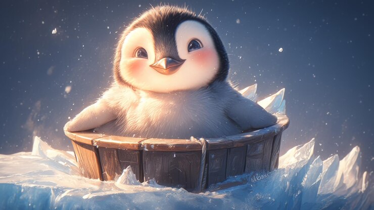 Photo cute baby penguin relaxing in a wooden tub on ice floe digital art adorable cartoon illustration