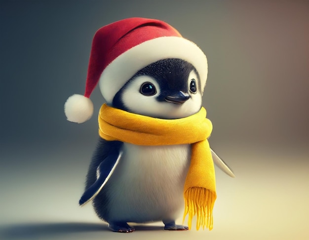 A Cute baby penguin wearing a red hat and yellow scarf with a wonderful background