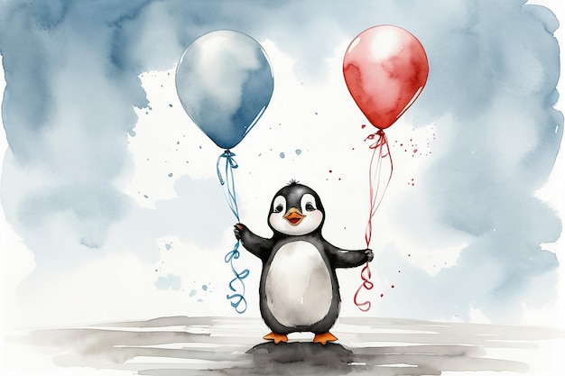 A cute baby penguin with balloons cartoon watercolor white background