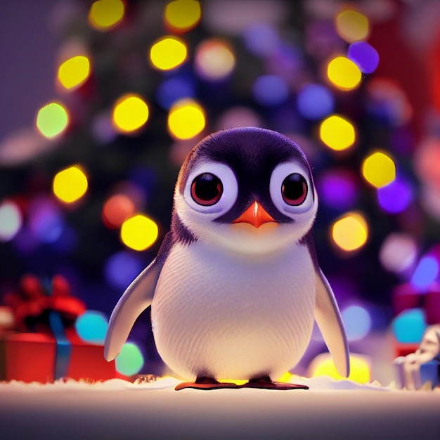 Cute baby penguin with big eyes and christmas gift 3D rendering cartoon style