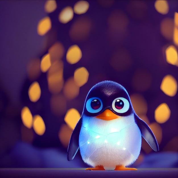 Cute baby penguin with big eyes and christmas lights 3D rendering cartoon style