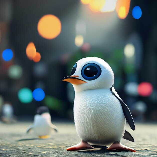 cute baby penguin with big eyes and christmas lights 3d rendering cartoon style