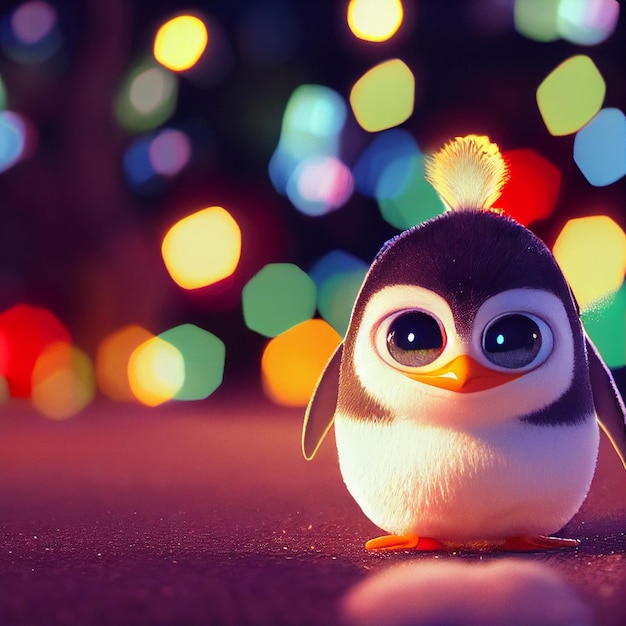 Cute baby penguin with big eyes and christmas lights 3D rendering cartoon style