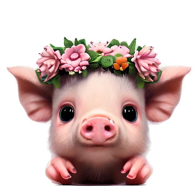 美しい花の冠を持つ可愛い赤ちゃんの豚