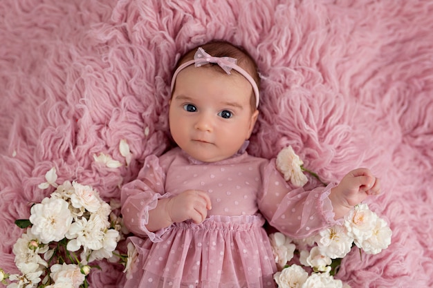 Cute baby in a pink dress and flowers