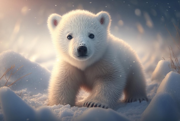 Cute baby polar bear in snow winter Generative AI