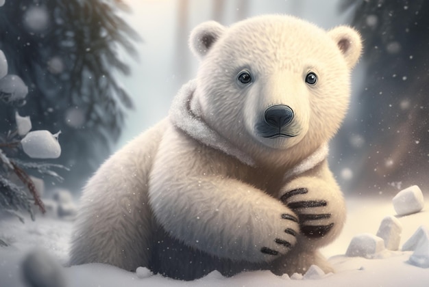 Cute baby polar bear in snow winter Generative AI