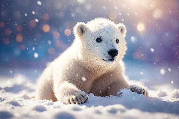 雪の中でかわいい赤ちゃんシロクマ冬の雪の結晶 ai 生成