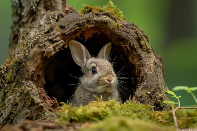 Милый кролик заглядывает из пня в весенний лес.