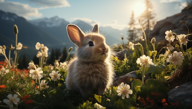 人工知能によって生成された太陽光を楽しむ緑の牧草地に座っているかわいい赤ちゃんウサギ