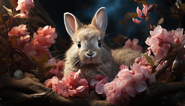 Cute baby rabbit sitting in springtime grass fluffy and pink generated by artificial intelligence