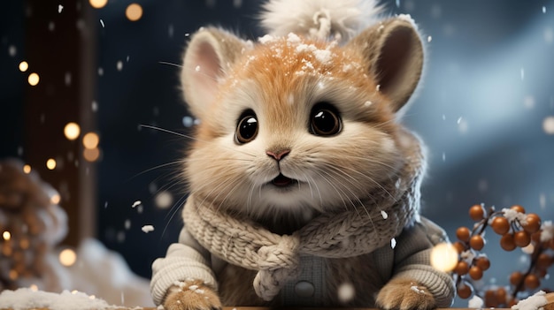 クリスマスのスノーフラックを楽しんでいる雪の中の可愛い赤ちゃんウサギ
