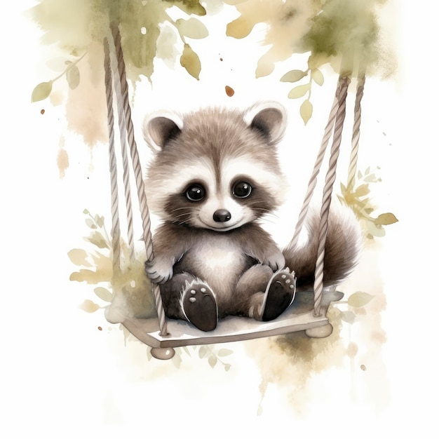 Cute baby raccoon in watercolour style sitting on swings attached to the tree