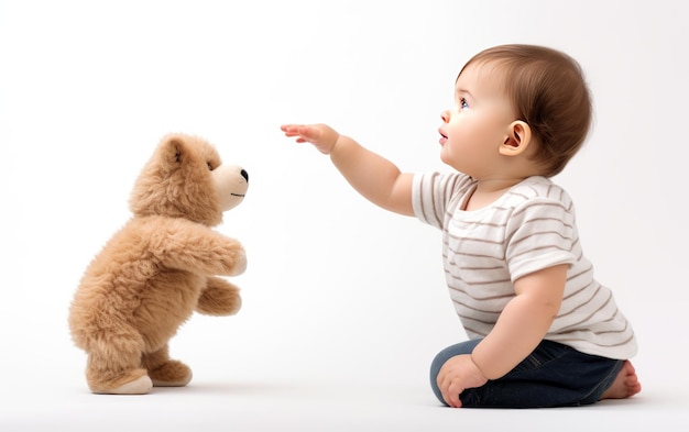귀여운 아기 가  ⁇  배경 에 고립 된  ⁇  stuffed 동물 을 가까이 잡고 있다