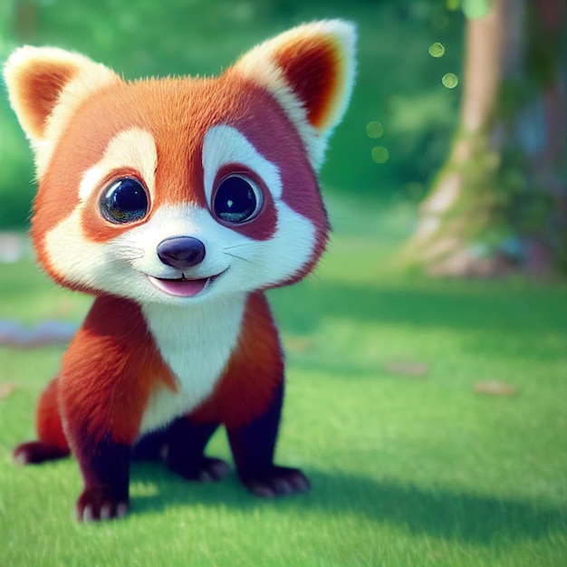 Cute baby red panda or lesser panda character 3D rendering cartoon illustration