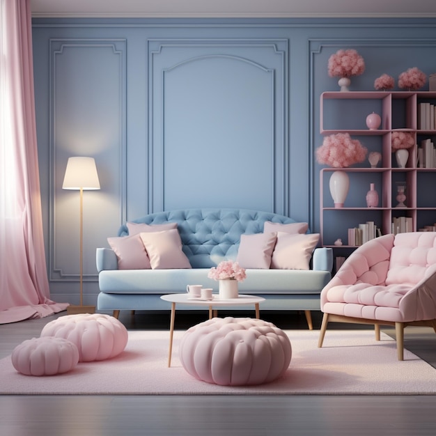 Фото Милый дизайн детской комнаты синие стены белый диван розовые акценты для социальных сетей