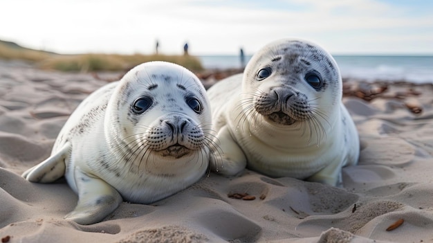 Милые детеныши тюленей, лежащие на песчаном пляже, наслаждающиеся теплым солнечным светом, с их пушистым мехом и невинными глазами, сгенерированными ИИ.