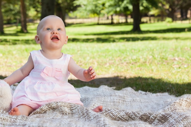 Cute baby sitting on blanket at the park