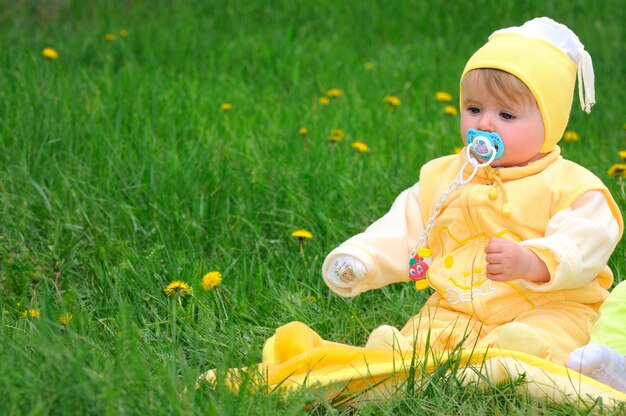 Милый ребенок сидит в травянистых местах с одуванчиками