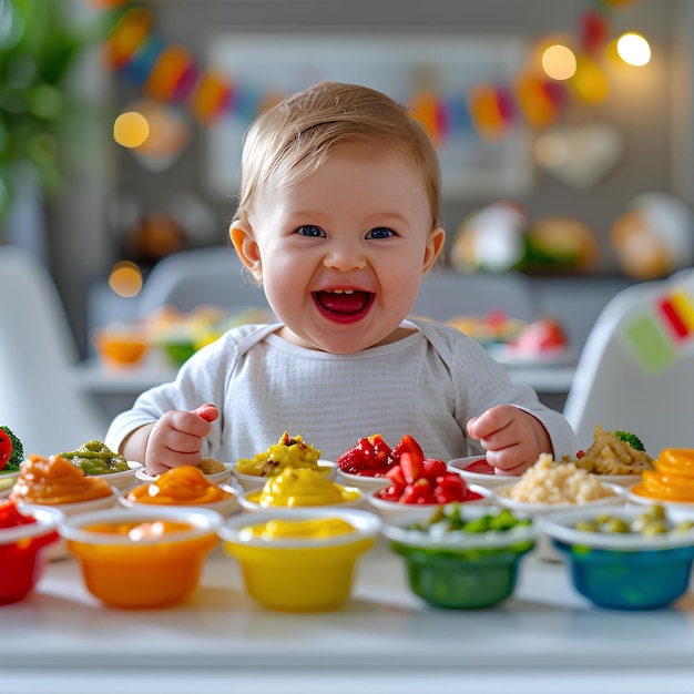 Cute baby sitting on a table in front of colorful little dips and sauces