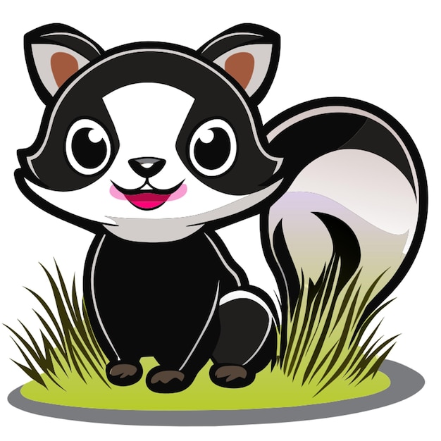 Photo cute baby skunk cartoon sitting in the grass cartoon sticker vector illustration