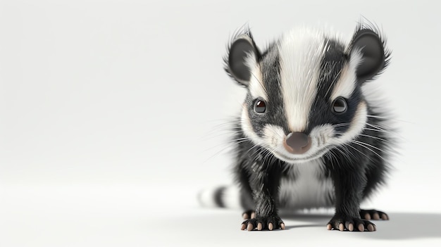 A cute baby skunk sits on a white background and looks at the camera with its big round eyes