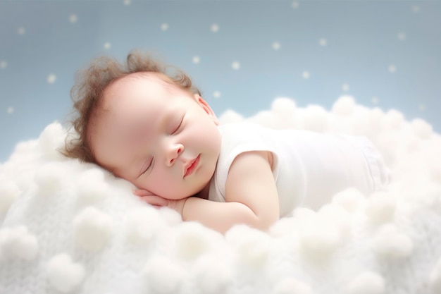 목화 구름에서 달콤하게 자고 있는 귀여운 아기
